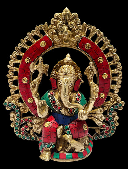 Brass Gem Stone Work Ring Ganesha Statue For Home Decor Weight 2.6 Kg And Height 27 Cm