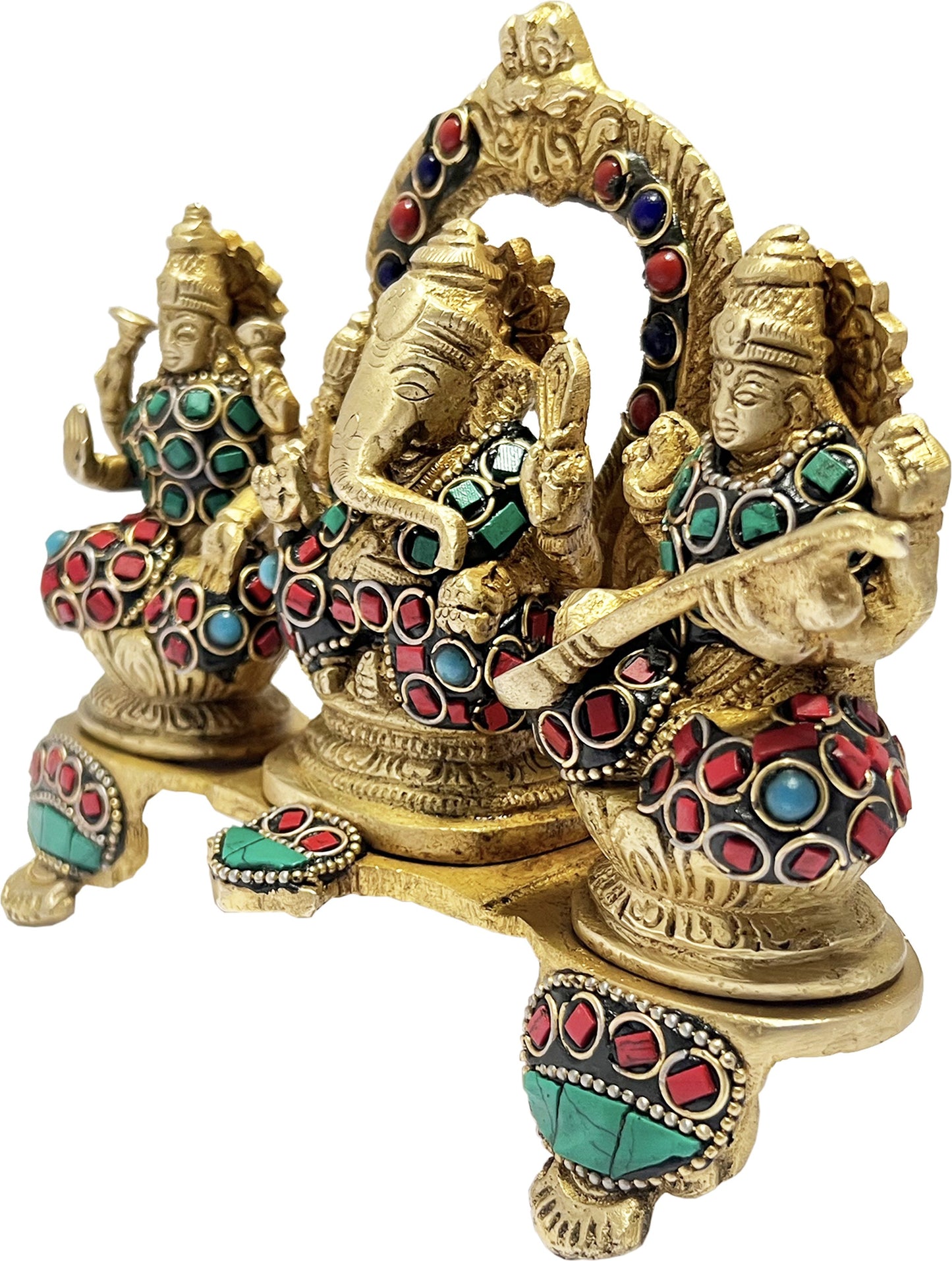 Brass Gem Stone Work Laxmi Ganesha Saraswati Murti for Home and Decor Show Piece for Living Room Height 25 cm Weight 1.35 Kg