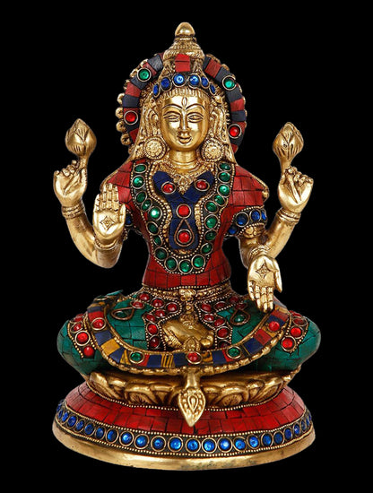 Brass Gem Stone Work Sitting Laxmi MATA On Chowki Murti for Home and Decor Height 24 cm Weight 3.44 Kg