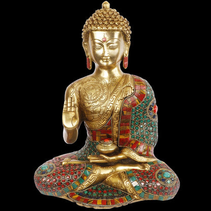 Brassaura™ Brass Blessing Buddha with Gem Stone Work Statue