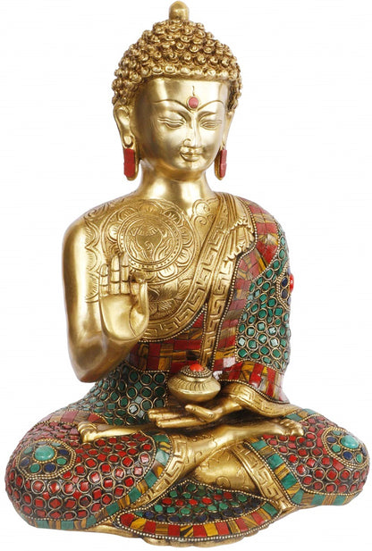 Brassaura™ Brass Blessing Buddha with Gem Stone Work Statue