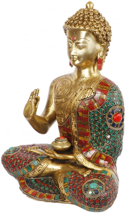 Brassaura™ Brass Blessing Buddha with Gem Stone Work Statue