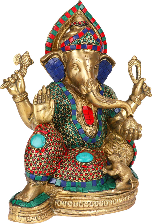 Brassaura™ Brass Gem Stone Work Ganesha Statue | Height 17.7 Inches & Weight 9 Kgs