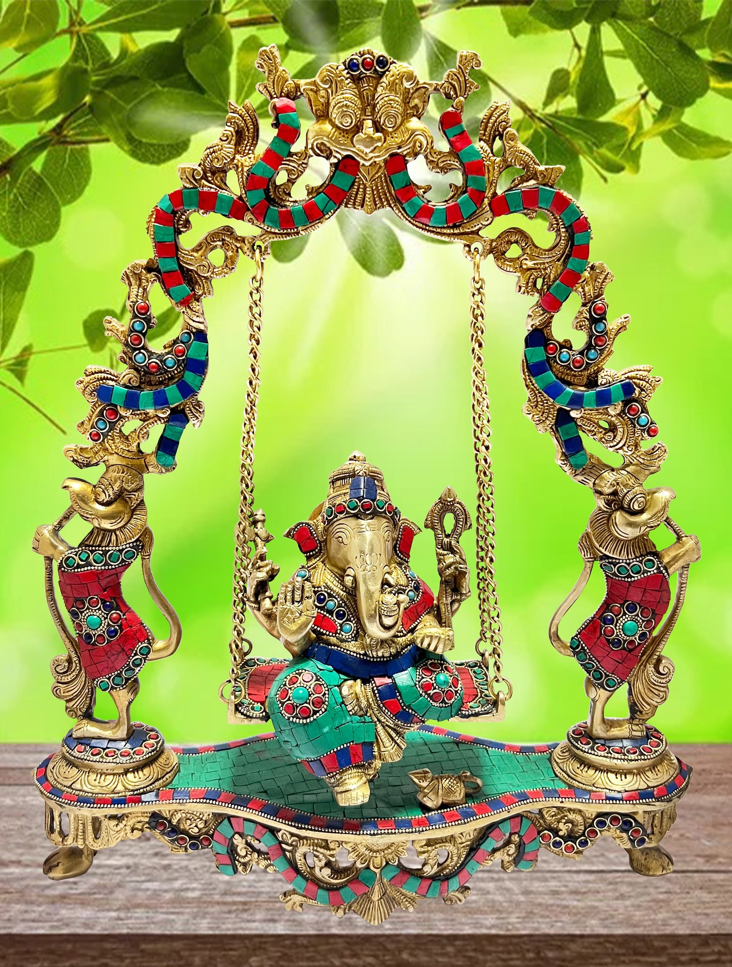Brass Gem Stone Work Ganesha Jhula Statue For Home Decor Weight 7.5 Kg And Height 55 Cm