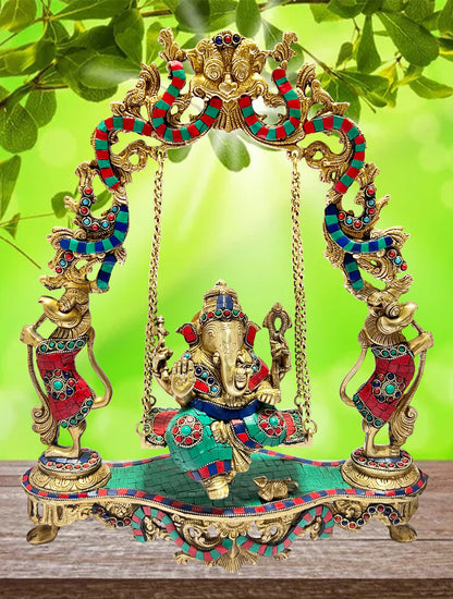 Brass Gem Stone Work Ganesha Jhula Statue For Home Decor Weight 7.5 Kg And Height 55 Cm