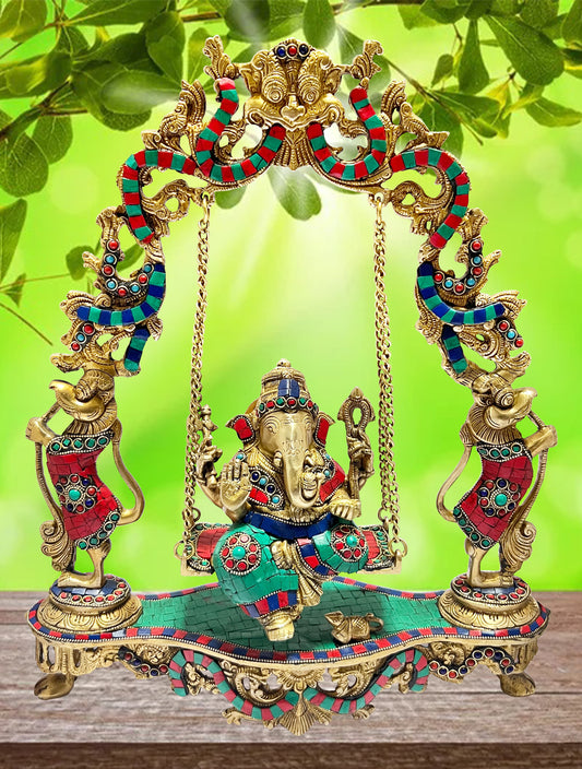Brass Gem Stone Work Ganesha Jhula Statue For Home Decor Weight 7.5 Kg And Height 55 Cm