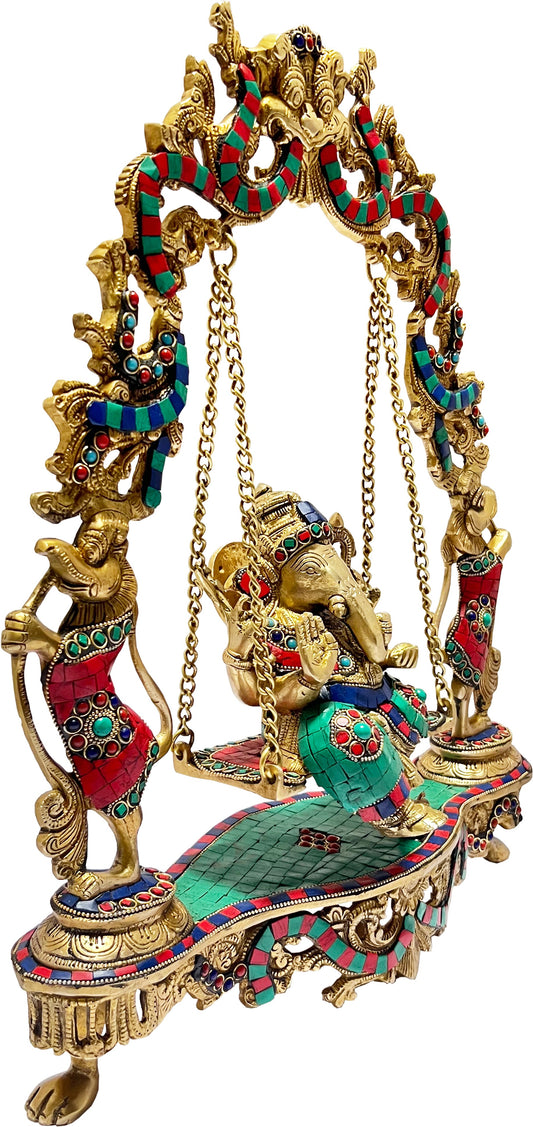 Brassaura Gemstone-Embellished Brass Ganesha Jhula for Home & Temple Décor | Height 21.7 Inches