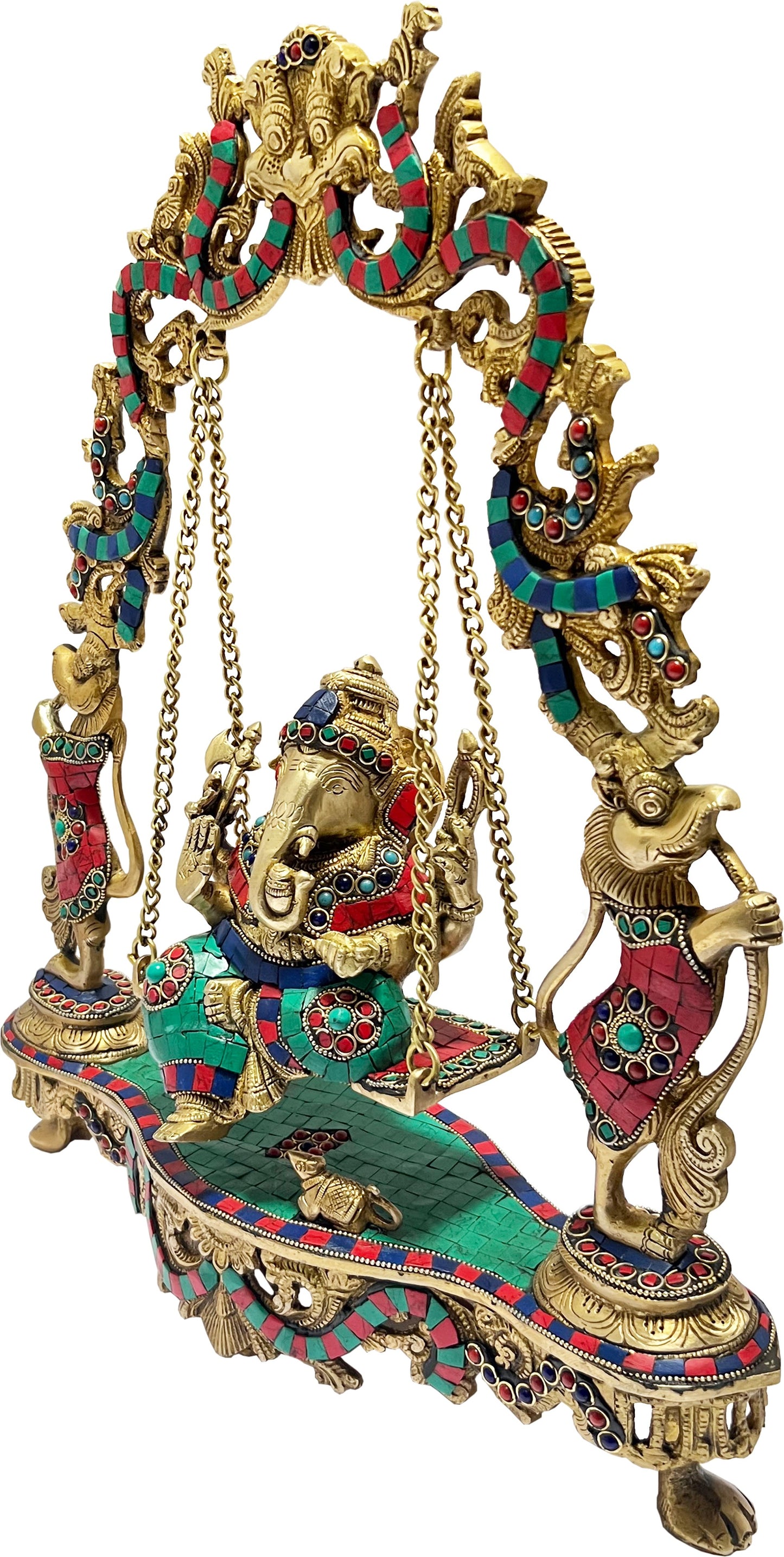 Brass Gem Stone Work Ganesha Jhula Statue For Home Decor Weight 7.5 Kg And Height 55 Cm