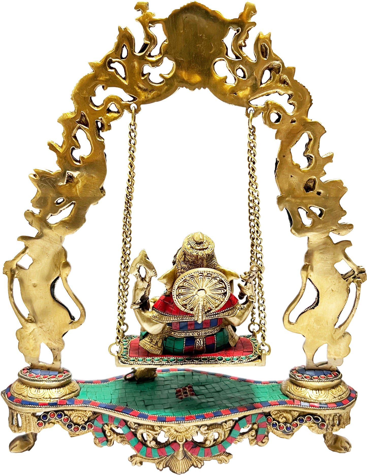 Brass Gem Stone Work Ganesha Jhula Statue For Home Decor Weight 7.5 Kg And Height 55 Cm