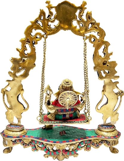 Brass Gem Stone Work Ganesha Jhula Statue For Home Decor Weight 7.5 Kg And Height 55 Cm