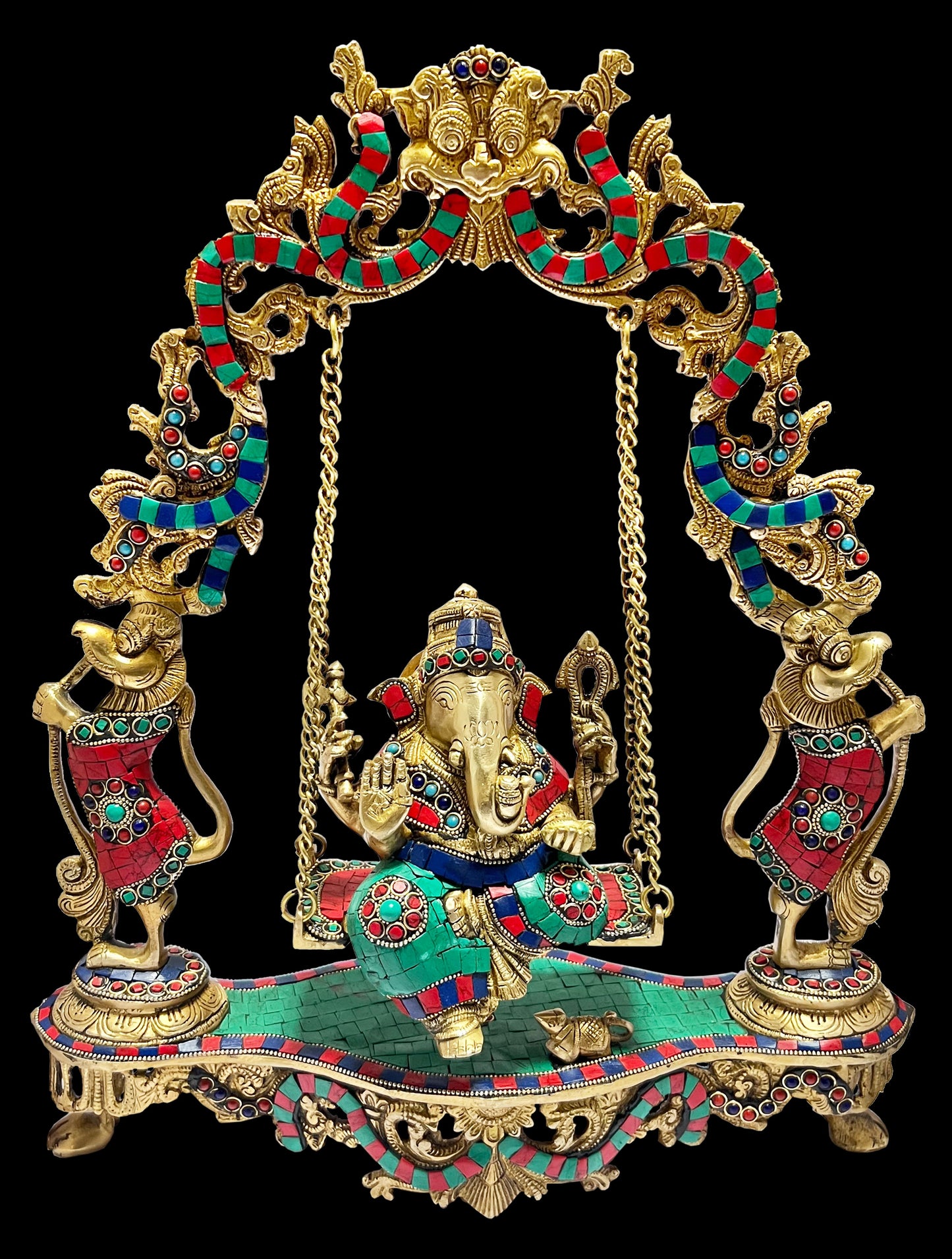 Brass Gem Stone Work Ganesha Jhula Statue For Home Decor Weight 7.5 Kg And Height 55 Cm