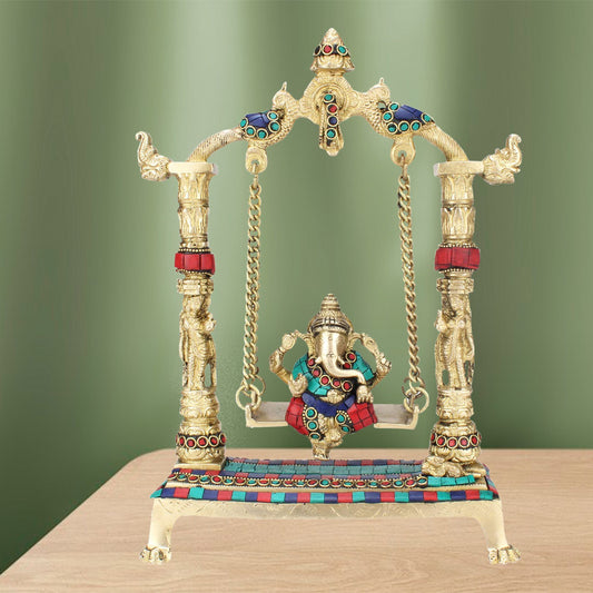 Brass Gem Stone Work Ganesha Jhula Statue For Home Decor Weight 2.5 Kg And Height 40 Cm