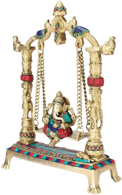 Brass Gem Stone Work Ganesha Jhula Statue For Home Decor Weight 2.5 Kg And Height 40 Cm