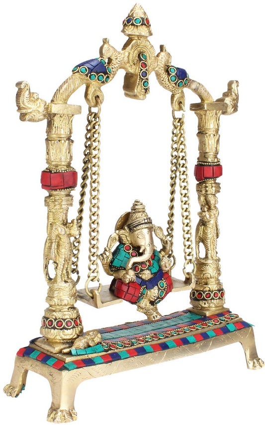 Brassaura Gemstone-Embellished Brass Ganesha Jhula for Home & Temple Décor | Height 15.7 Inches