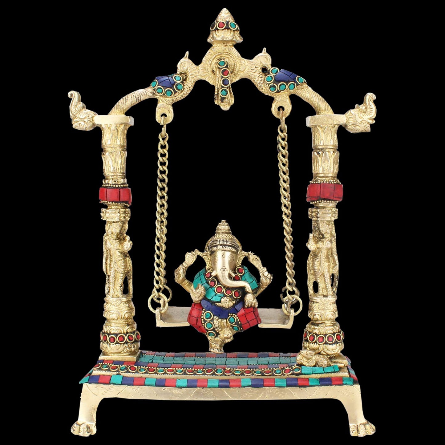 Brass Gem Stone Work Ganesha Jhula Statue For Home Decor Weight 2.5 Kg And Height 40 Cm