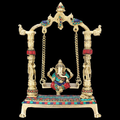 Brass Gem Stone Work Ganesha Jhula Statue For Home Decor Weight 2.5 Kg And Height 40 Cm