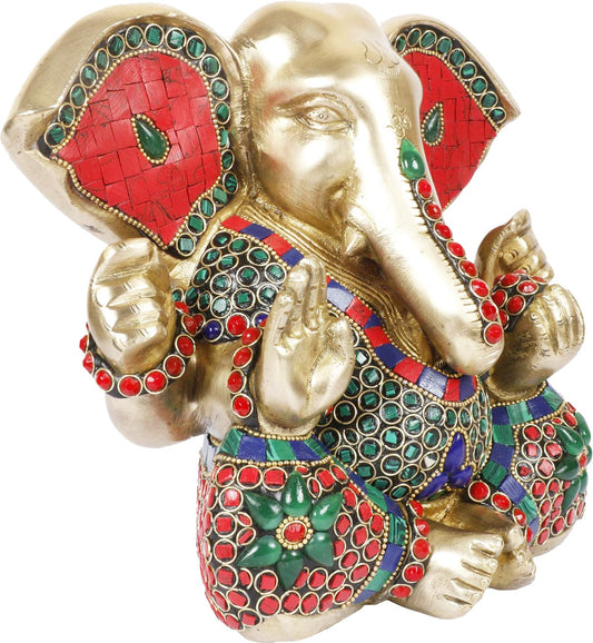 Brassaura™ Brass Mangalkari Ganesha Idol | Multi-Color Finish | Height 8 Inches & Weight 5.1 Kgs