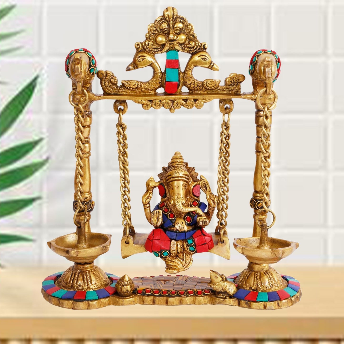 Brass Gem Stone Work Ganesha Jhula Statue For Home Decor Weight 2.3 Kg And Height 30 Cm