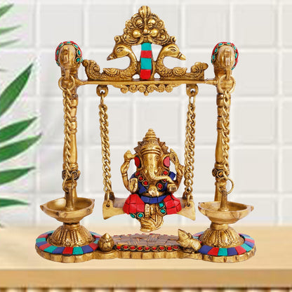 Brass Gem Stone Work Ganesha Jhula Statue For Home Decor Weight 2.3 Kg And Height 30 Cm