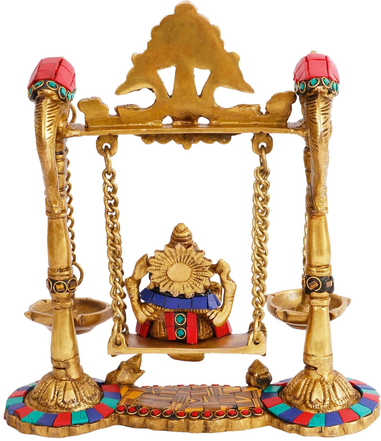Brass Gem Stone Work Ganesha Jhula Statue For Home Decor Weight 2.3 Kg And Height 30 Cm