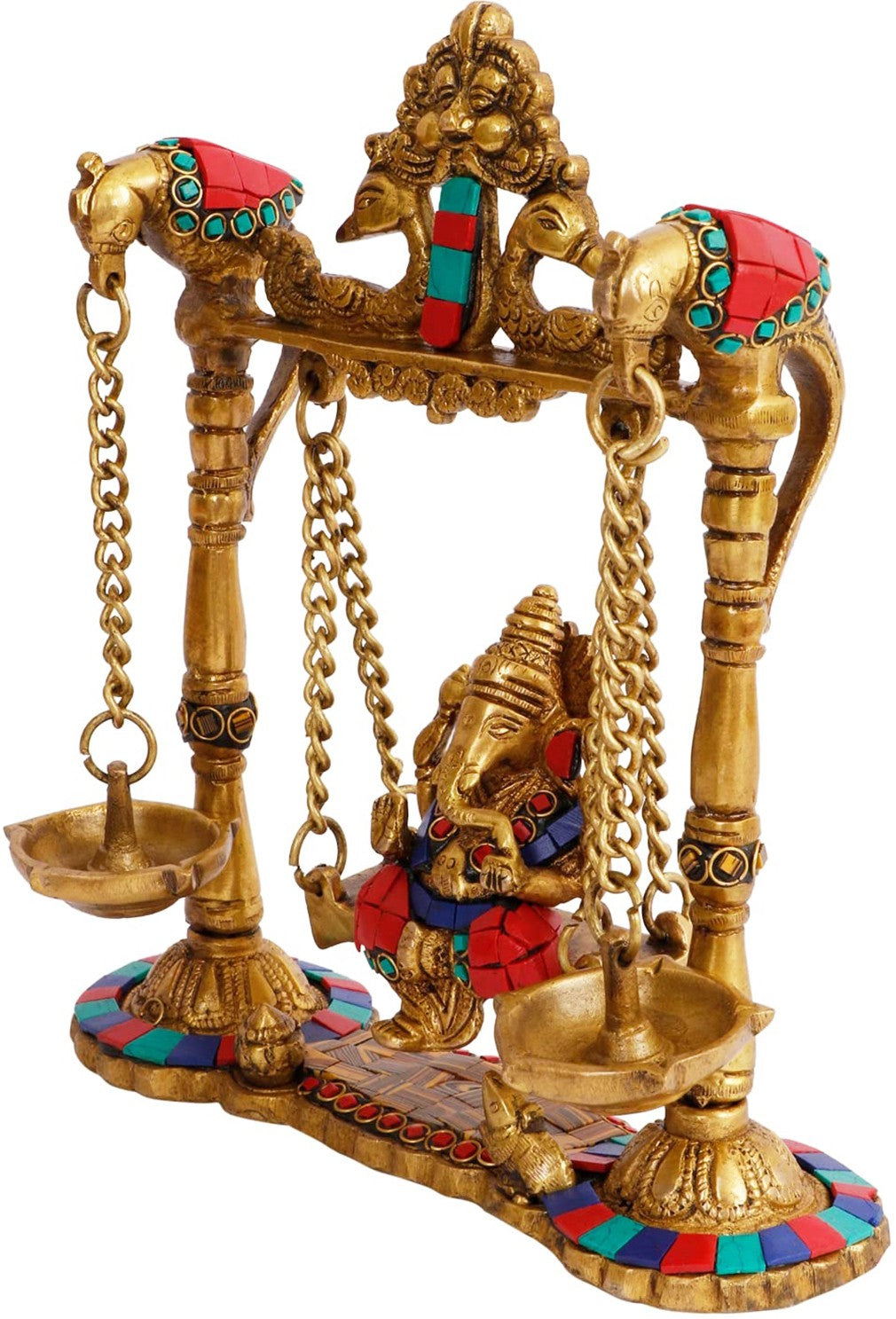 Brass Gem Stone Work Ganesha Jhula Statue For Home Decor Weight 2.3 Kg And Height 30 Cm