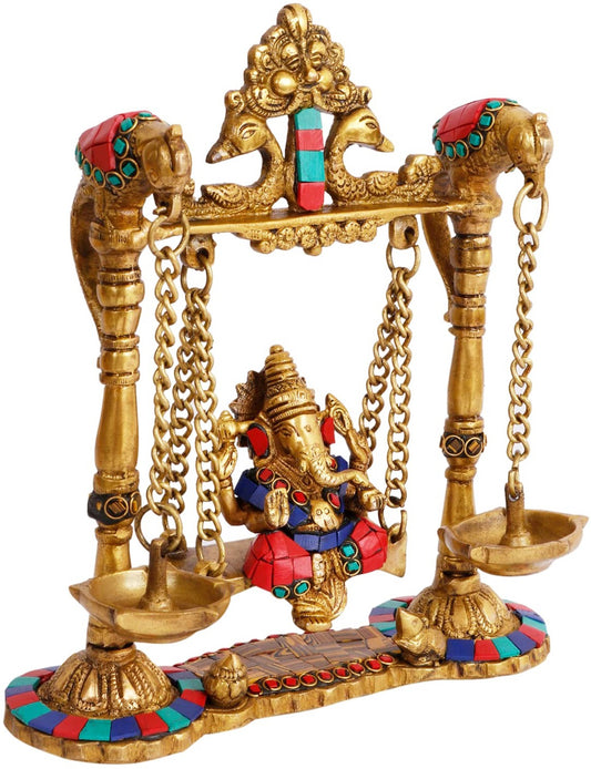 Brassaura Gemstone-Embellished Brass Ganesha Jhula for Home & Temple Décor | Height 11.8 Inches