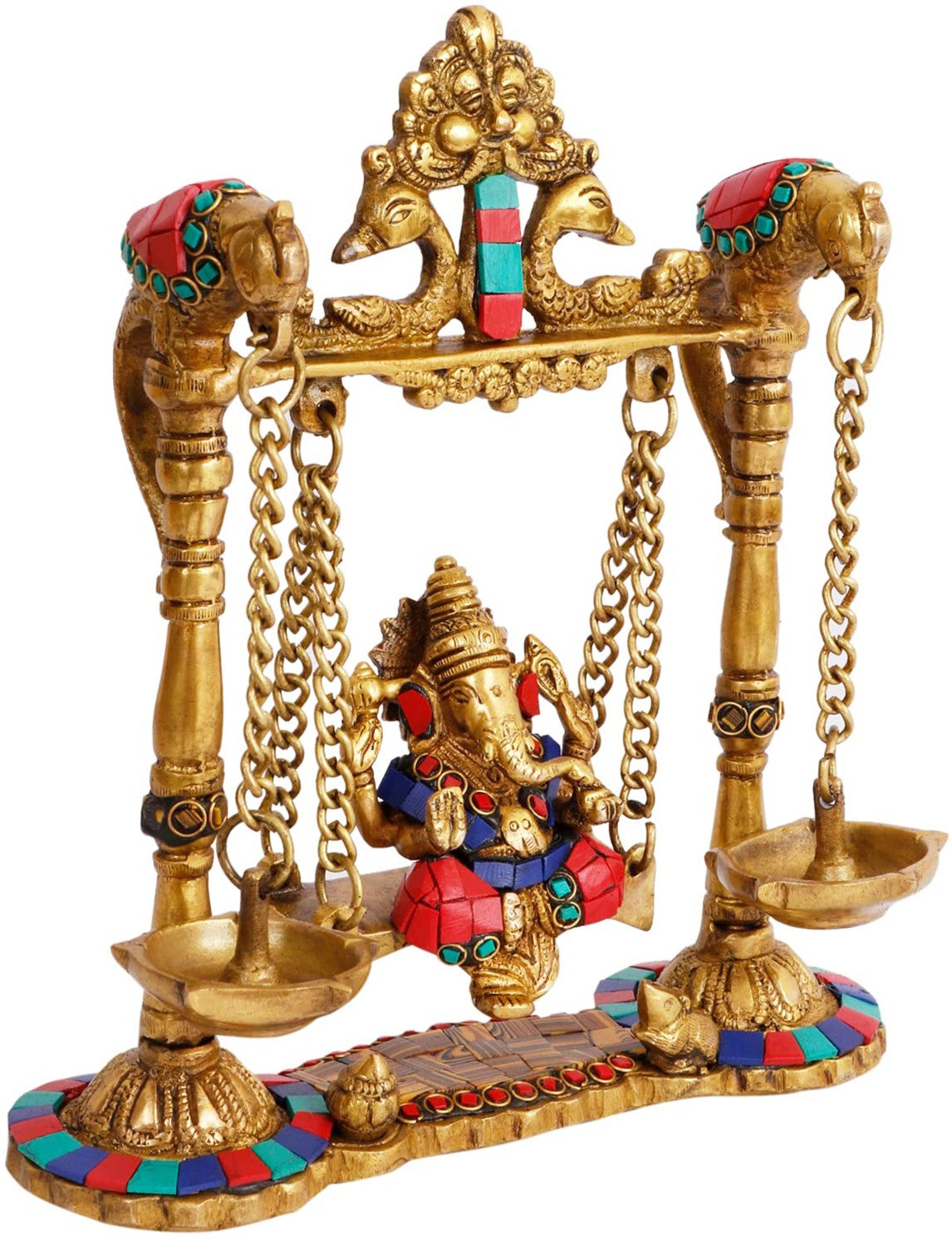Brass Gem Stone Work Ganesha Jhula Statue For Home Decor Weight 2.3 Kg And Height 30 Cm