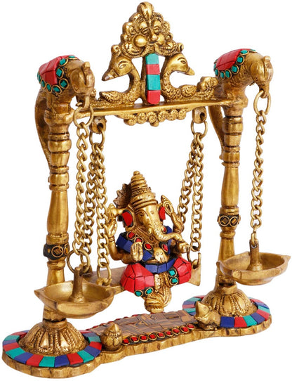 Brass Gem Stone Work Ganesha Jhula Statue For Home Decor Weight 2.3 Kg And Height 30 Cm