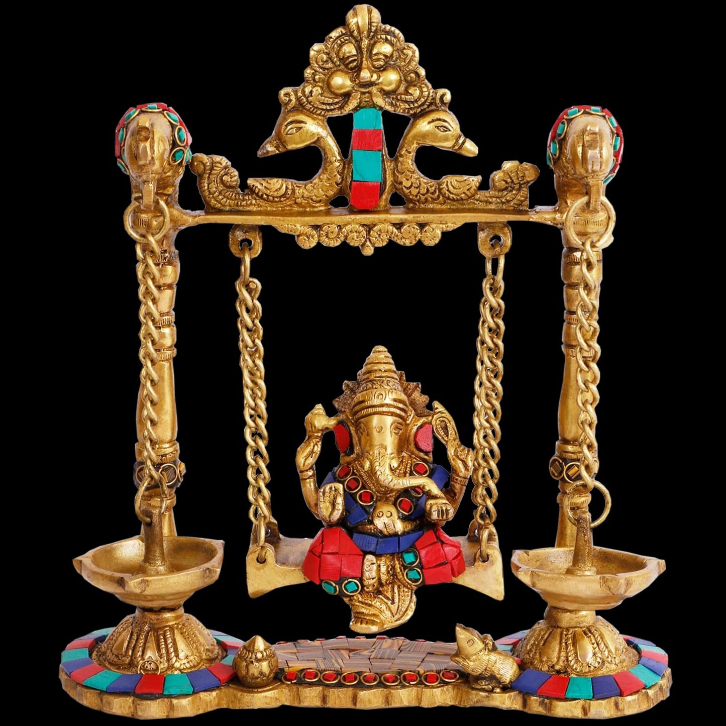Brass Gem Stone Work Ganesha Jhula Statue For Home Decor Weight 2.3 Kg And Height 30 Cm