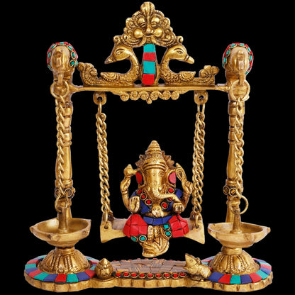 Brass Gem Stone Work Ganesha Jhula Statue For Home Decor Weight 2.3 Kg And Height 30 Cm