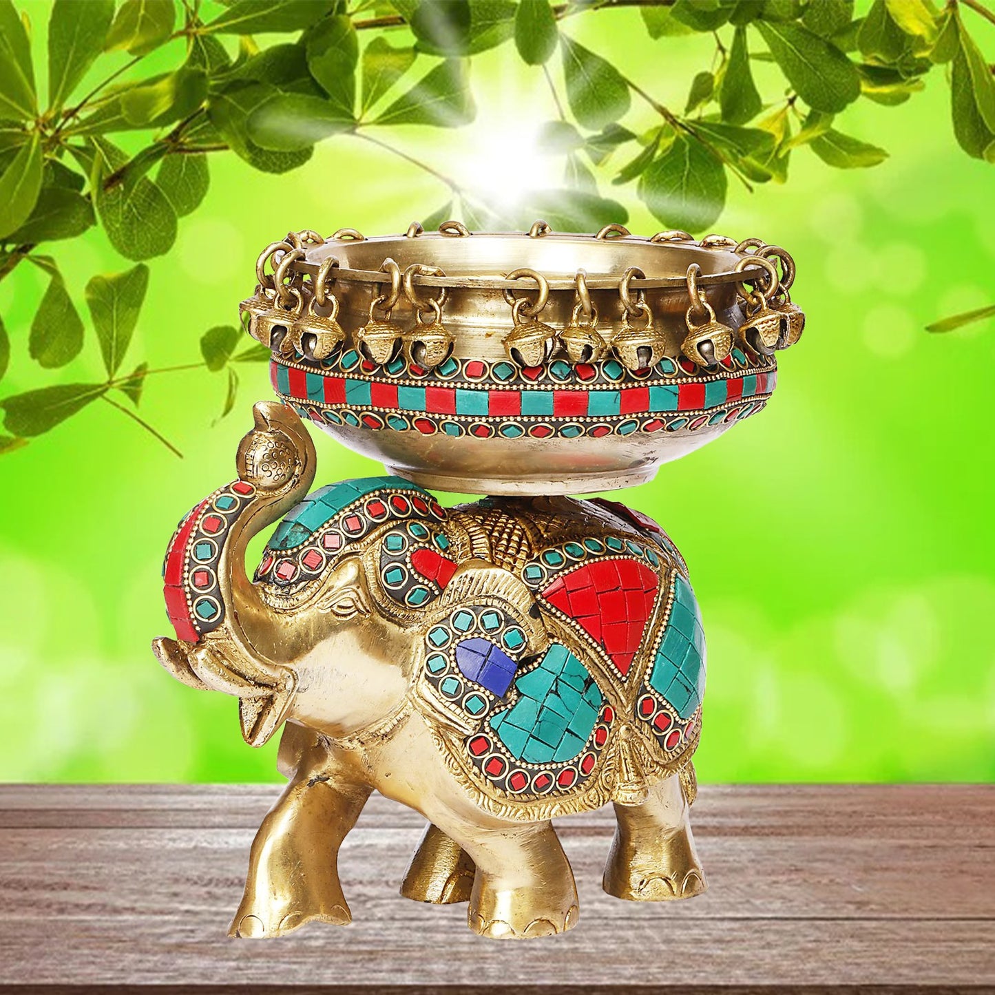 Brass Urli with Elephant Gem Stone Work Statue Religious and spirituality Home Decor Gift Height 19 cm Weight 3.2 Kg