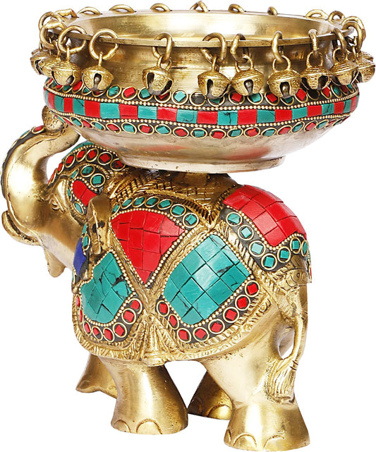 Brassaura® Brass Urli with Elephant Statue & Gemstone Work | Pure Superfine Brass Handcrafted Decorative Urli | Brass Décor for Home, Pooja Room | Height 7.5 Inches | Weight 3.2 Kgs