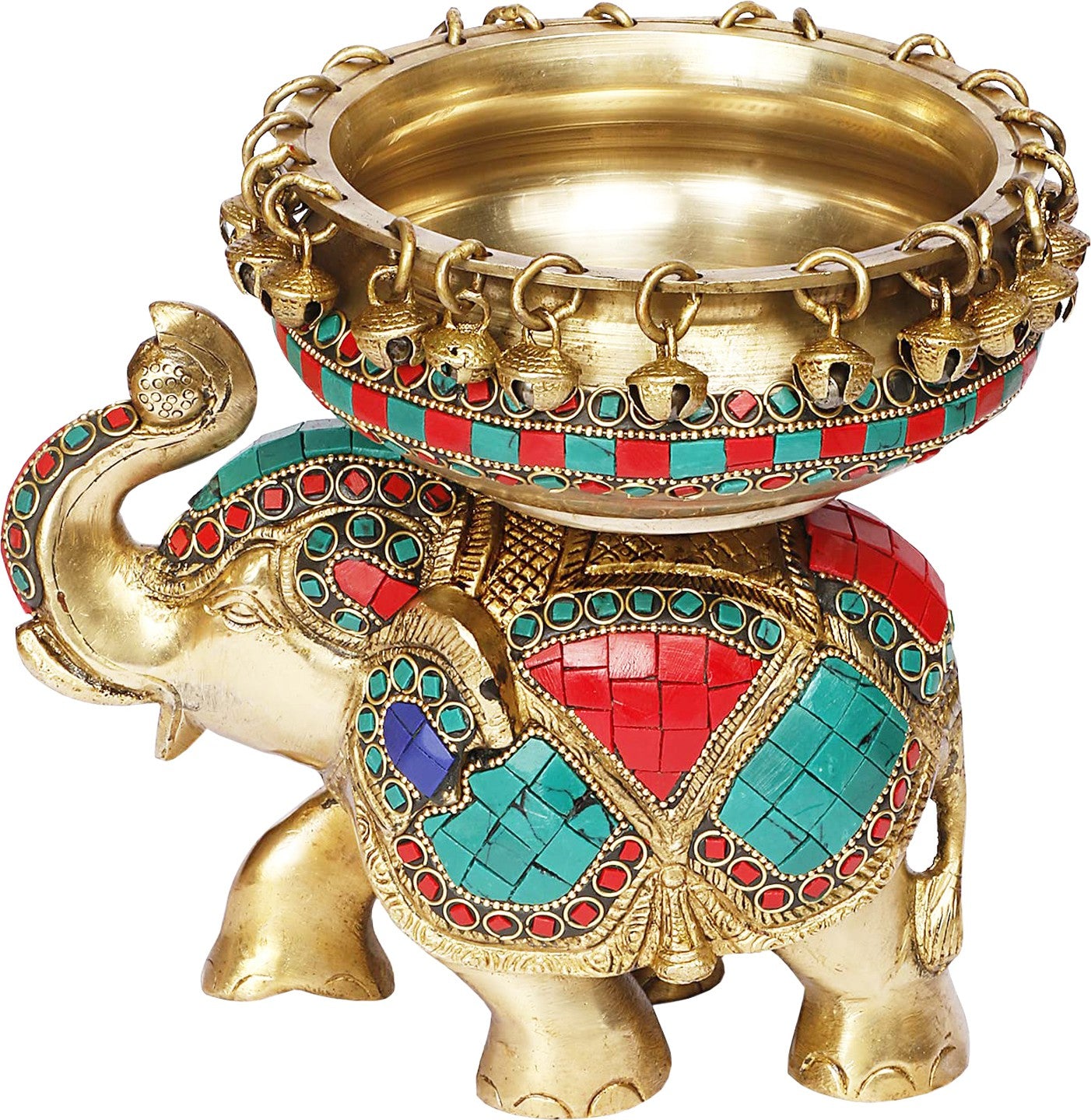 Brass Urli with Elephant Gem Stone Work Statue Religious and spirituality Home Decor Gift Height 19 cm Weight 3.2 Kg