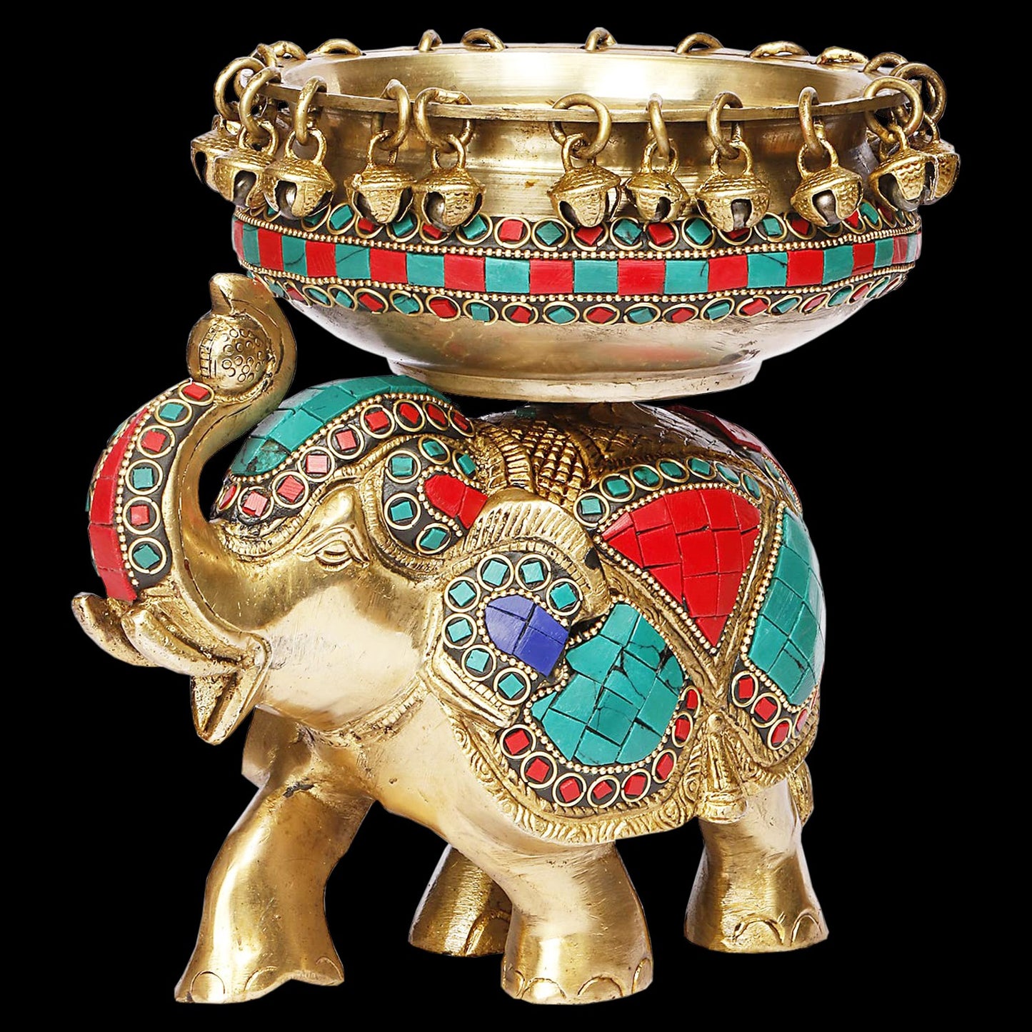 Brass Urli with Elephant Gem Stone Work Statue Religious and spirituality Home Decor Gift Height 19 cm Weight 3.2 Kg