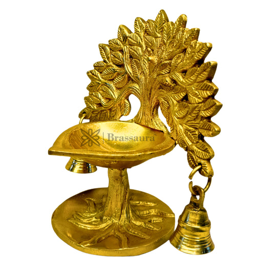 Brassaura® Brass Tree Diya – Height 7 Inches & Weight 1.2 Kgs | Elegant Tree Design Symbolizing Prosperity & Balance