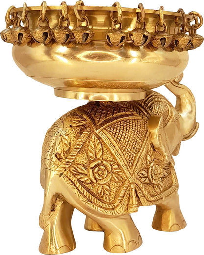 Brass Urli with Elephant Statue for Home Decor Gift for Good Luck Vastu and Fengshui Best in Living Room Weight 3.1 Kg Height 24 cm