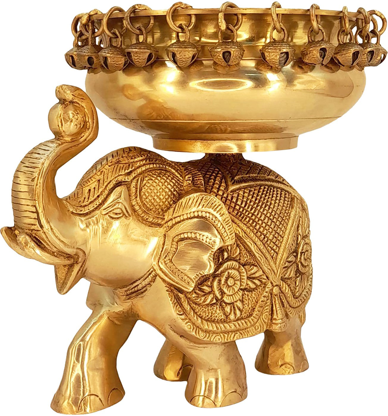 Brass Urli with Elephant Statue for Home Decor Gift for Good Luck Vastu and Fengshui Best in Living Room Weight 3.1 Kg Height 24 cm