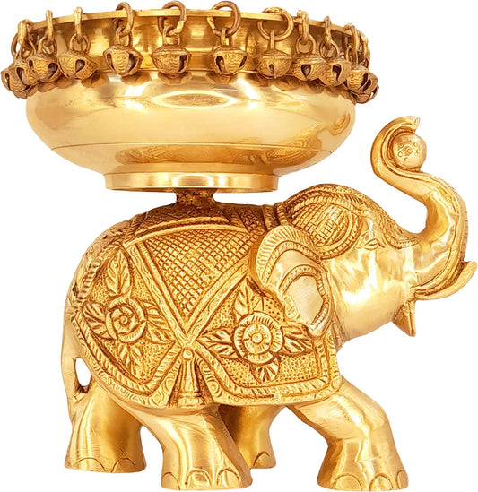 Brassaura® Brass Urli with Elephant Statue | Handcrafted Decorative Centerpiece | Height 9.5 Inches & Weight 3.1 Kgs