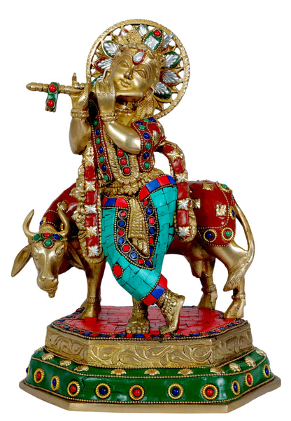 Brass Gem Stone Krishna Statue for Home and Decor Height 34 cm Weight 4.95 Kg