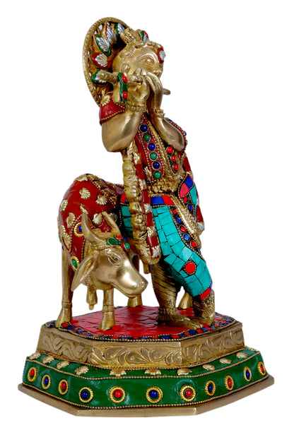 Brass Gem Stone Krishna Statue for Home and Decor Height 34 cm Weight 4.95 Kg