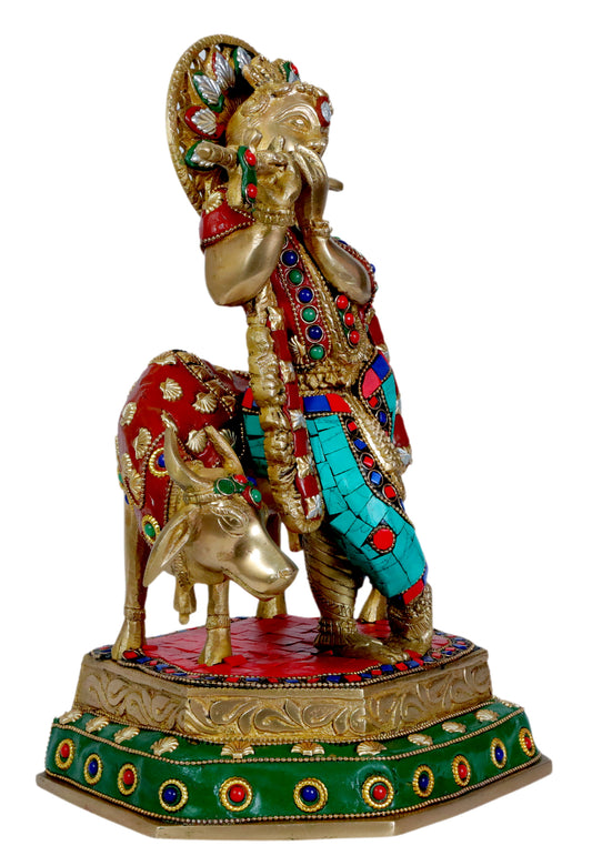 Brassaura® Lord Krishna Playing Flute with Cow, Graceful Standing Pose, Multicolor Gemstone Work Gold Finish | Pure Superfine Brass Handcrafted Murti | Brass Statue for Home Temple, Pooja Room | Height 13.39 Inches | Weight 4.95 Kgs
