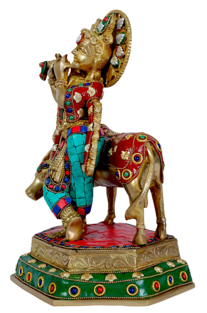 Brass Gem Stone Krishna Statue for Home and Decor Height 34 cm Weight 4.95 Kg