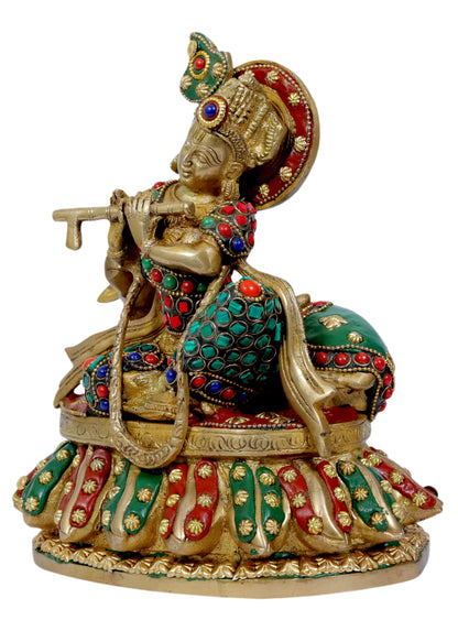 Brass Gem Stone Work Krishna with Cow Statue for Home and Decor Height 26 cm Weight 3.3 Kg