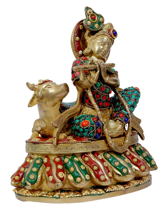 Brassaura® Lord Krishna Playing Flute with Cow, Seated Pose, Multicolor Gemstone Work Gold Finish | Pure Superfine Brass Handcrafted Murti | Brass Statue for Home Temple, Pooja Room | Height 10.24 Inches | Weight 3.3 Kgs
