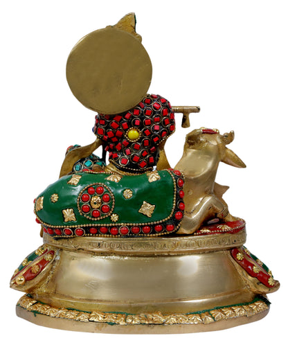 Brass Gem Stone Work Krishna with Cow Statue for Home and Decor Height 26 cm Weight 3.3 Kg