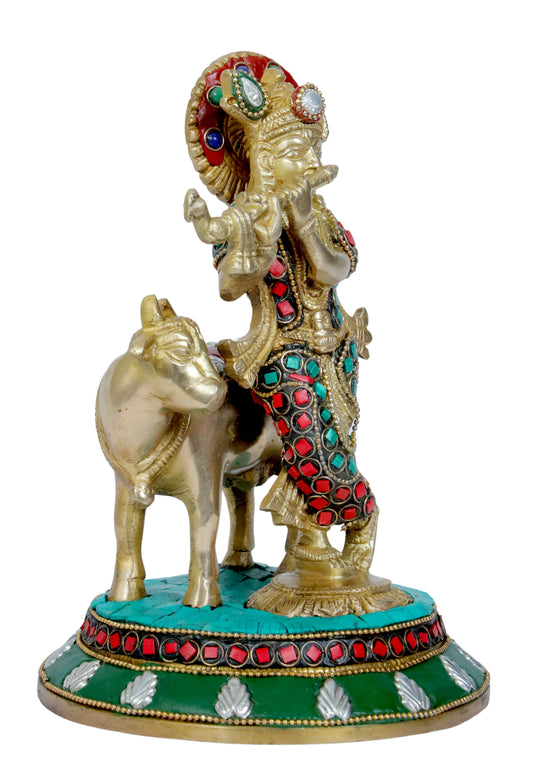 Brassaura® Lord Krishna Playing Flute with Cow, Standing Pose, Multicolor Gemstone Work Gold Finish | Pure Superfine Brass Handcrafted Murti | Brass Statue for Home Temple, Pooja Room | Height 9.84 Inches | Weight 2.25 Kgs