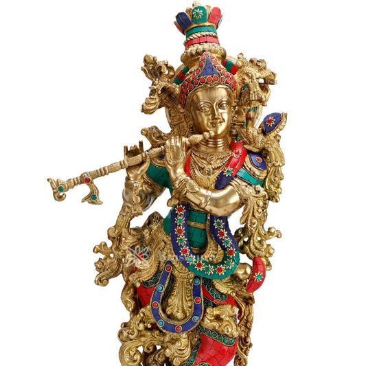 Brassaura® Lord Krishna Playing Flute, Elaborately Embellished Standing Pose, Multicolor Gemstone Work Gold Finish | Pure Superfine Brass Handcrafted Murti | Brass Statue for Home Temple, Pooja Room | Height 29.13 Inches | Weight 16.5 Kgs