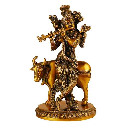 Brass Krishna with Cow Murti for Home and Decor Living Room Height 28 cm Weight 3 Kg