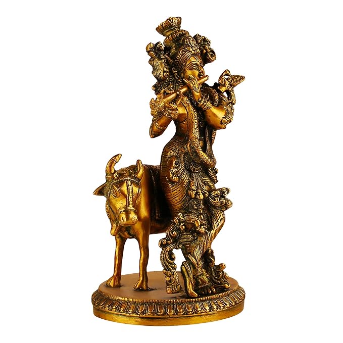 Brass Krishna with Cow Murti for Home and Decor Living Room Height 28 cm Weight 3 Kg