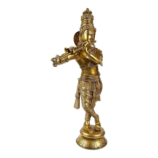 Brassaura® Lord Krishna Playing Flute, Elegant Tribhanga Standing Pose, Classic Gold Finish | Pure Superfine Brass Handcrafted Murti | Brass Statue for Home Temple, Pooja Room | Height 23.62 Inches | Weight 9.3 Kgs